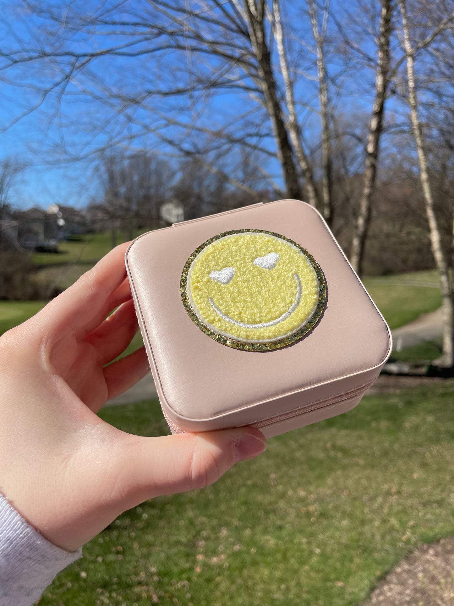Yellow Heart Eyed Smiley Face Mini Travel Pale Pink Jewelry Box