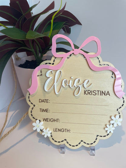 Custom Bow and Flowers Baby Announcement Sign