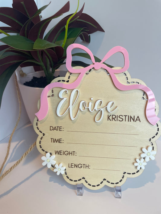Custom Bow and Flowers Baby Announcement Sign