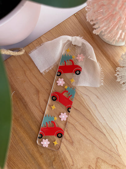 Red Christmas Truck Clear Acrylic Bookmark with Chiffon Ribbon