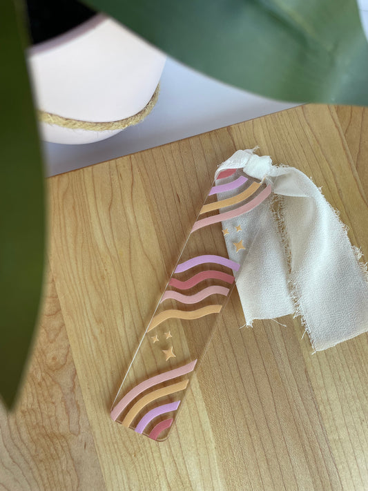 Pastel Swirly Waves Clear Acrylic Bookmark with Chiffon Ribbon