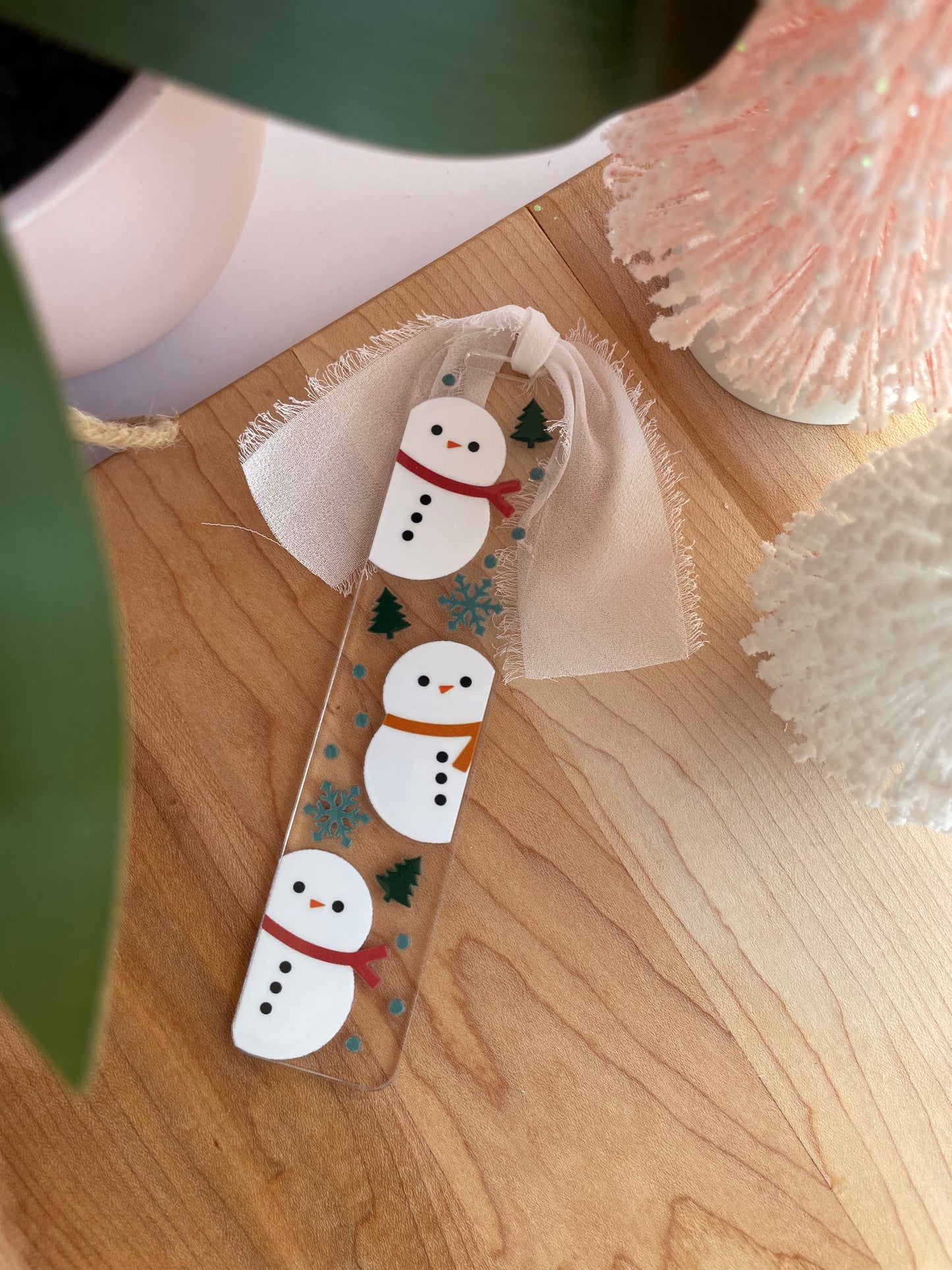 Holiday Snowmen Clear Acrylic Bookmark with Chiffon Ribbon