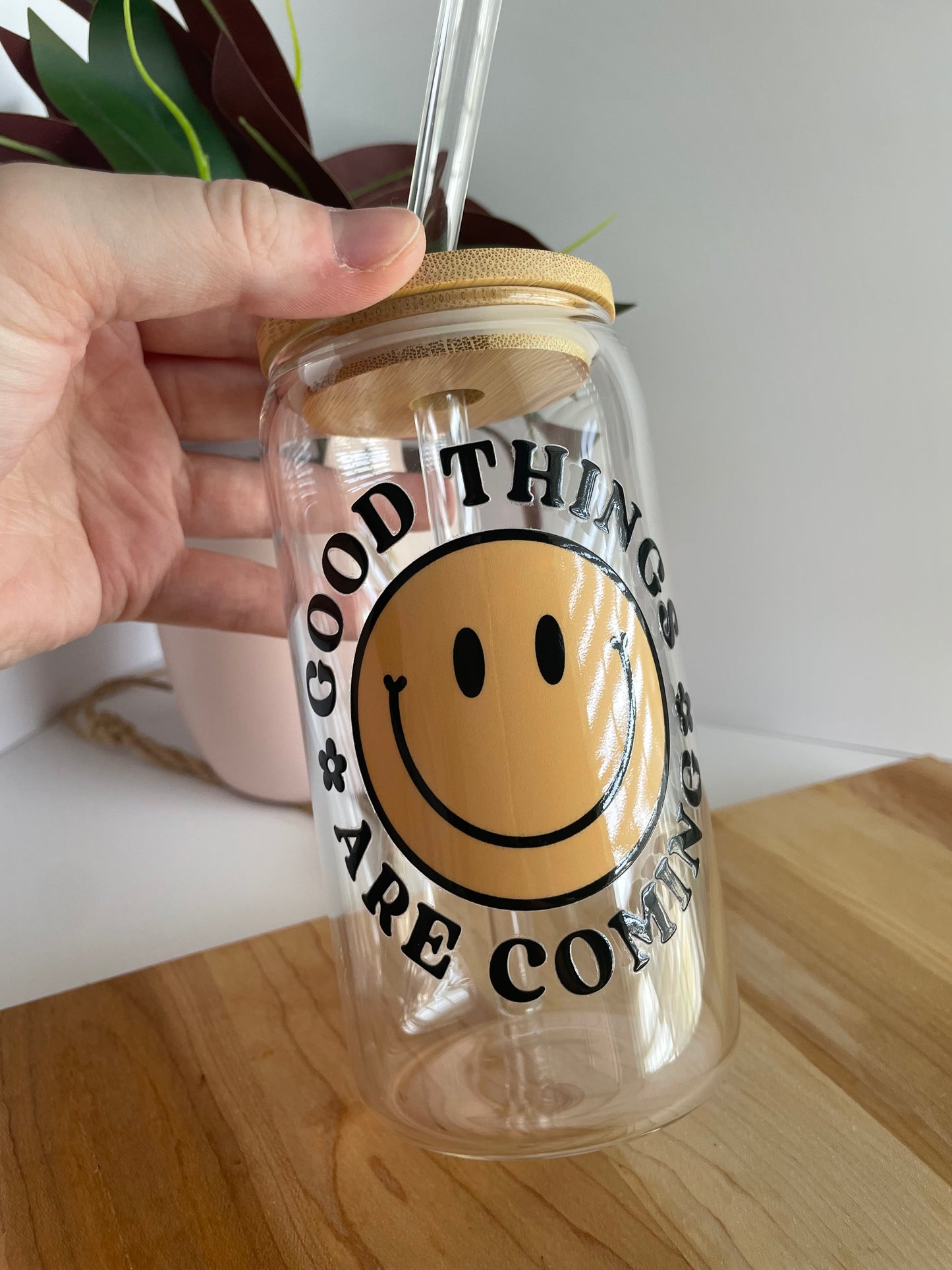 Good Things Are Coming Smiley Face Glass Cup with Bamboo Lid and Glass Straw