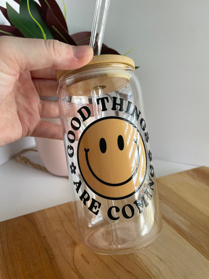 Good Things Are Coming Smiley Face Glass Cup with Bamboo Lid and Glass Straw