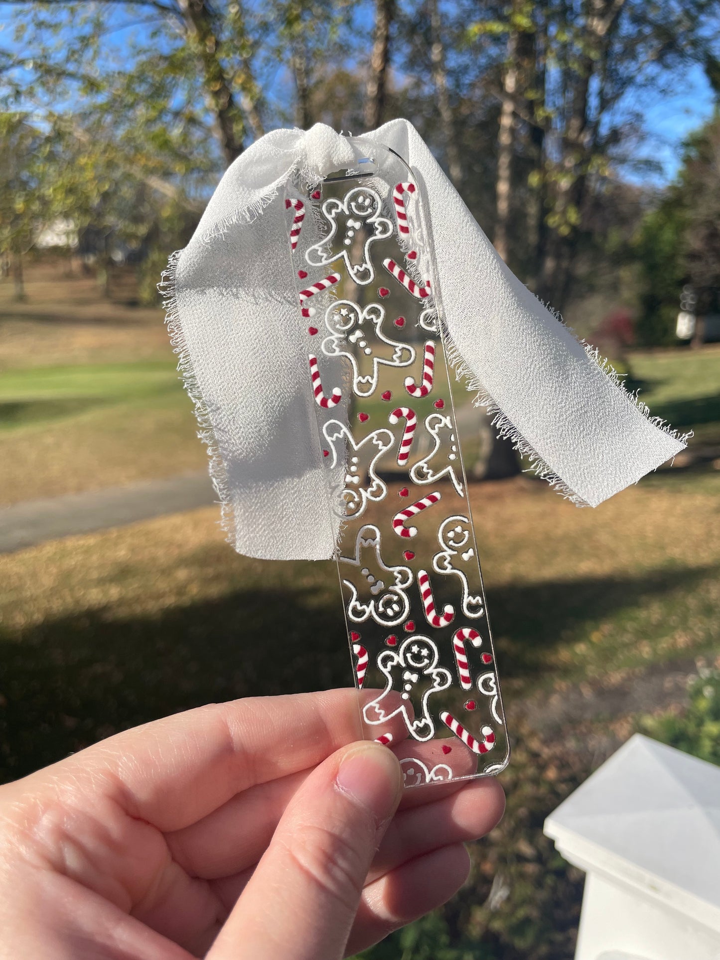 White Gingerbread Men and Candy Canes Clear Acrylic Bookmark with Chiffon Ribbon