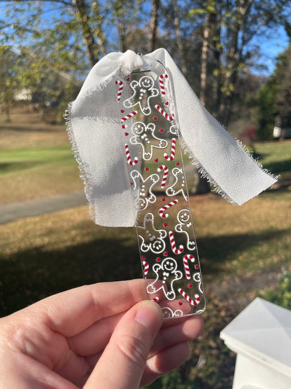 White Gingerbread Men and Candy Canes Clear Acrylic Bookmark with Chiffon Ribbon