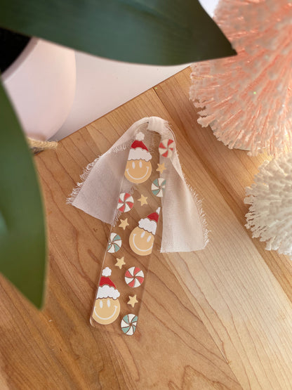 Santa Smiley Faces and Candies Clear Acrylic Bookmark with Chiffon Ribbon