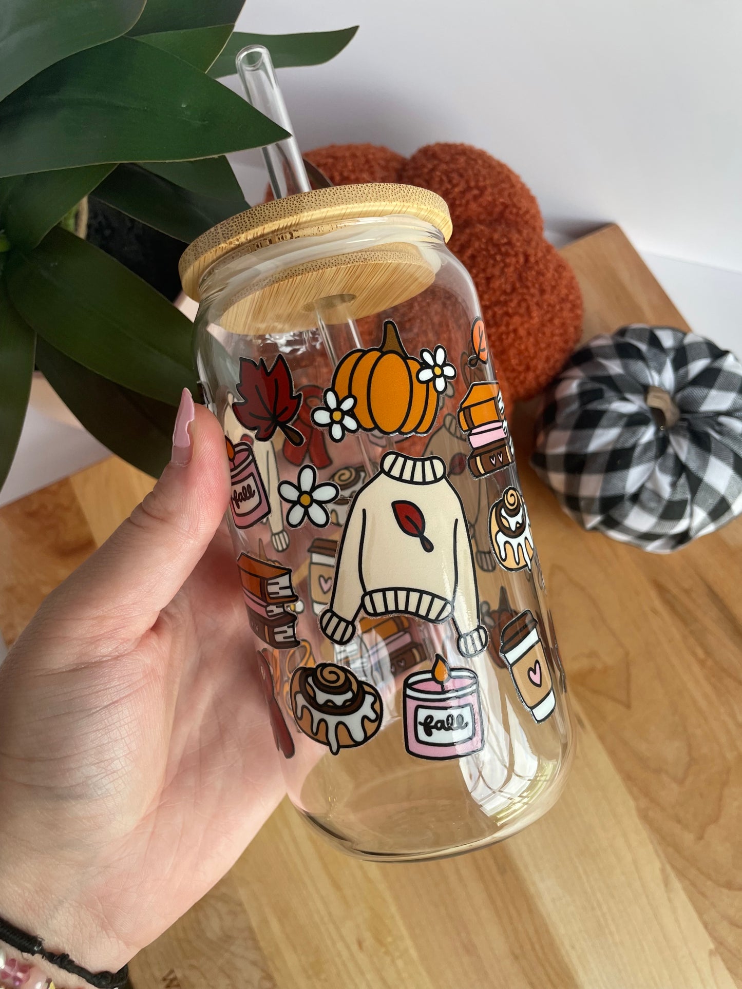 Cozy Fall Girlie Glass Cup with Bamboo Lid and Glass Straw