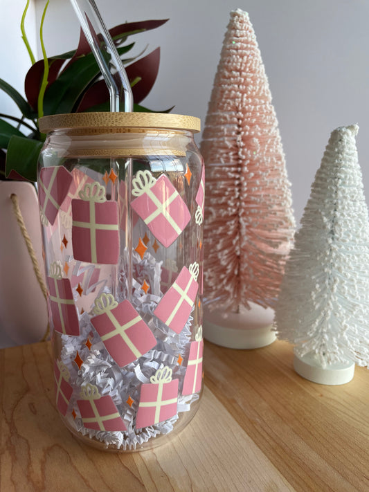 Pretty Pink Presents Glass Cup with Bamboo Lid and Glass Straw