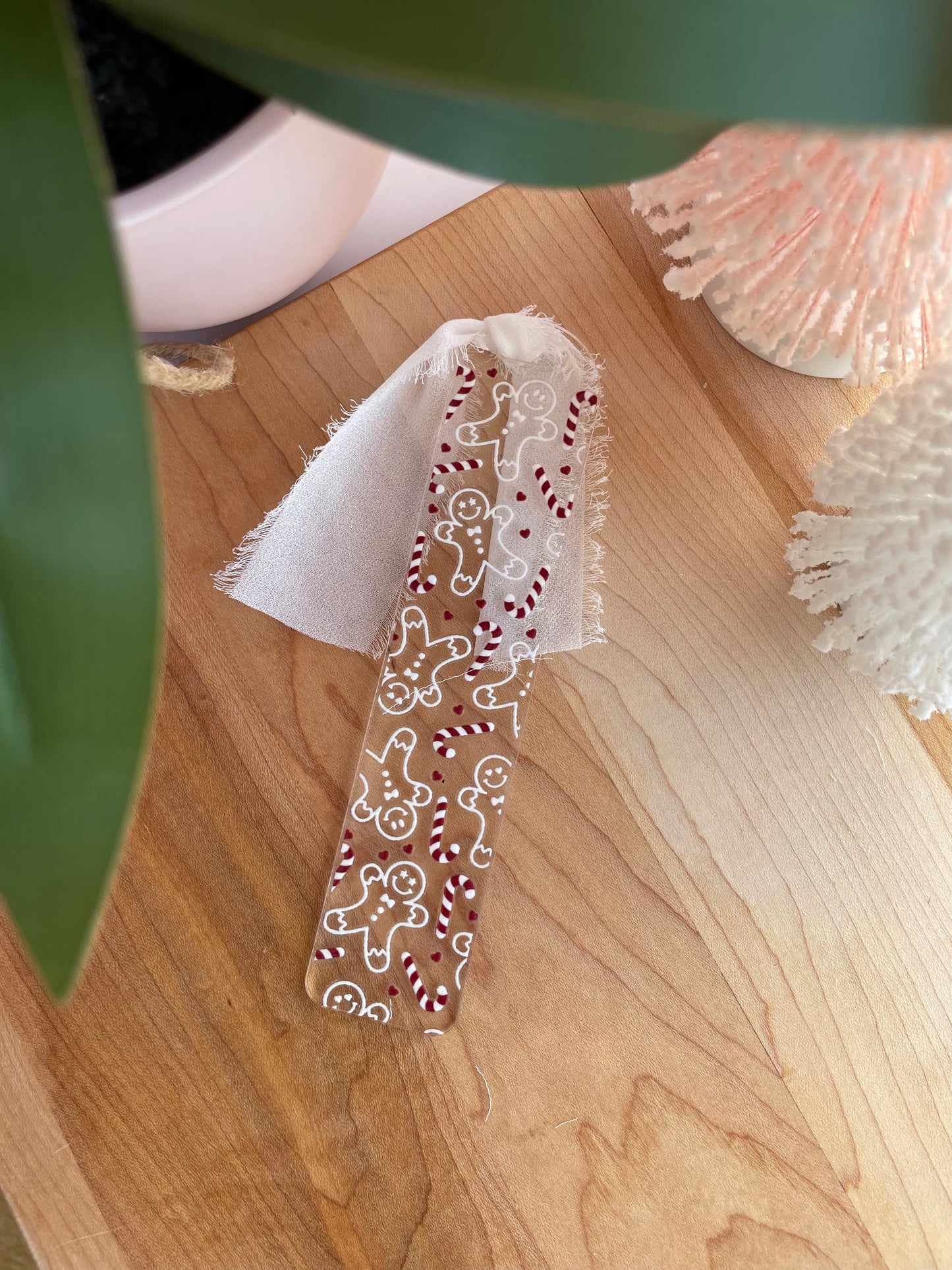 White Gingerbread Men and Candy Canes Clear Acrylic Bookmark with Chiffon Ribbon