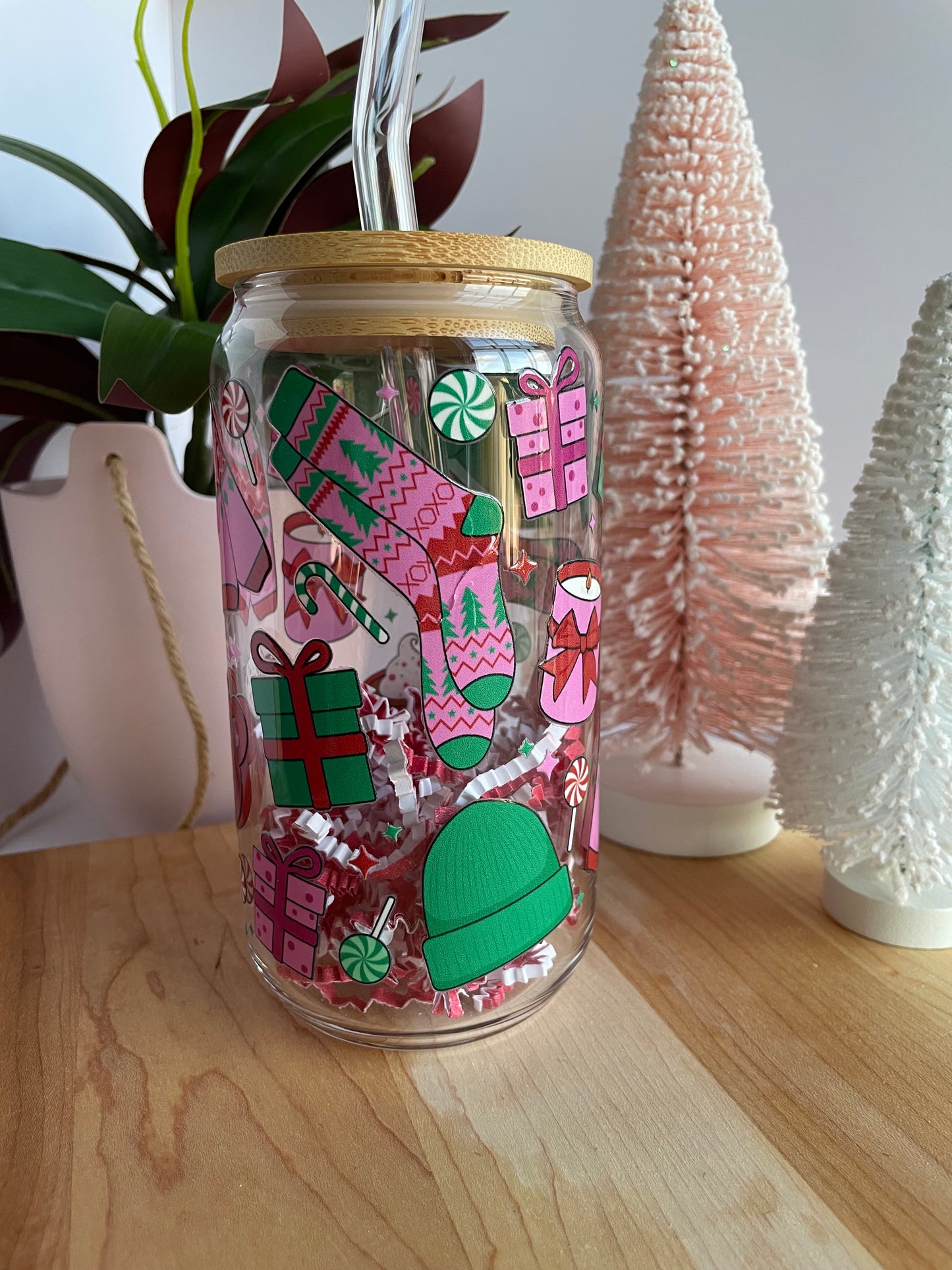 Colorful Festive Holiday Glass Cup with Bamboo Lid and Glass Straw