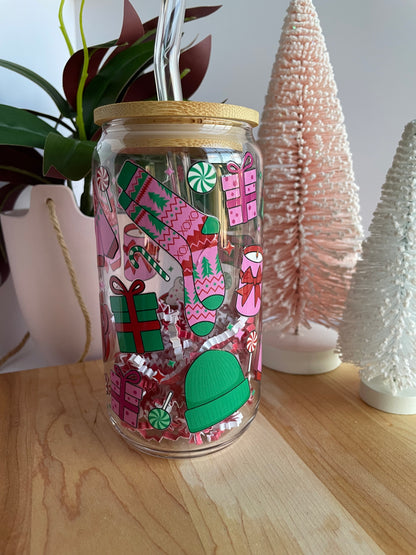 Colorful Festive Holiday Glass Cup with Bamboo Lid and Glass Straw