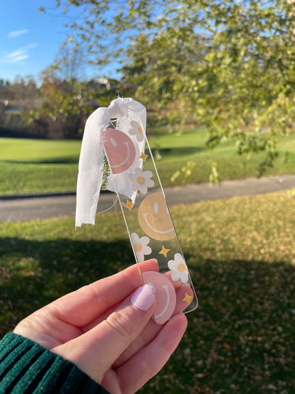 Smiley and Daises Cute Acrylic Bookmark with Chiffon Ribbon