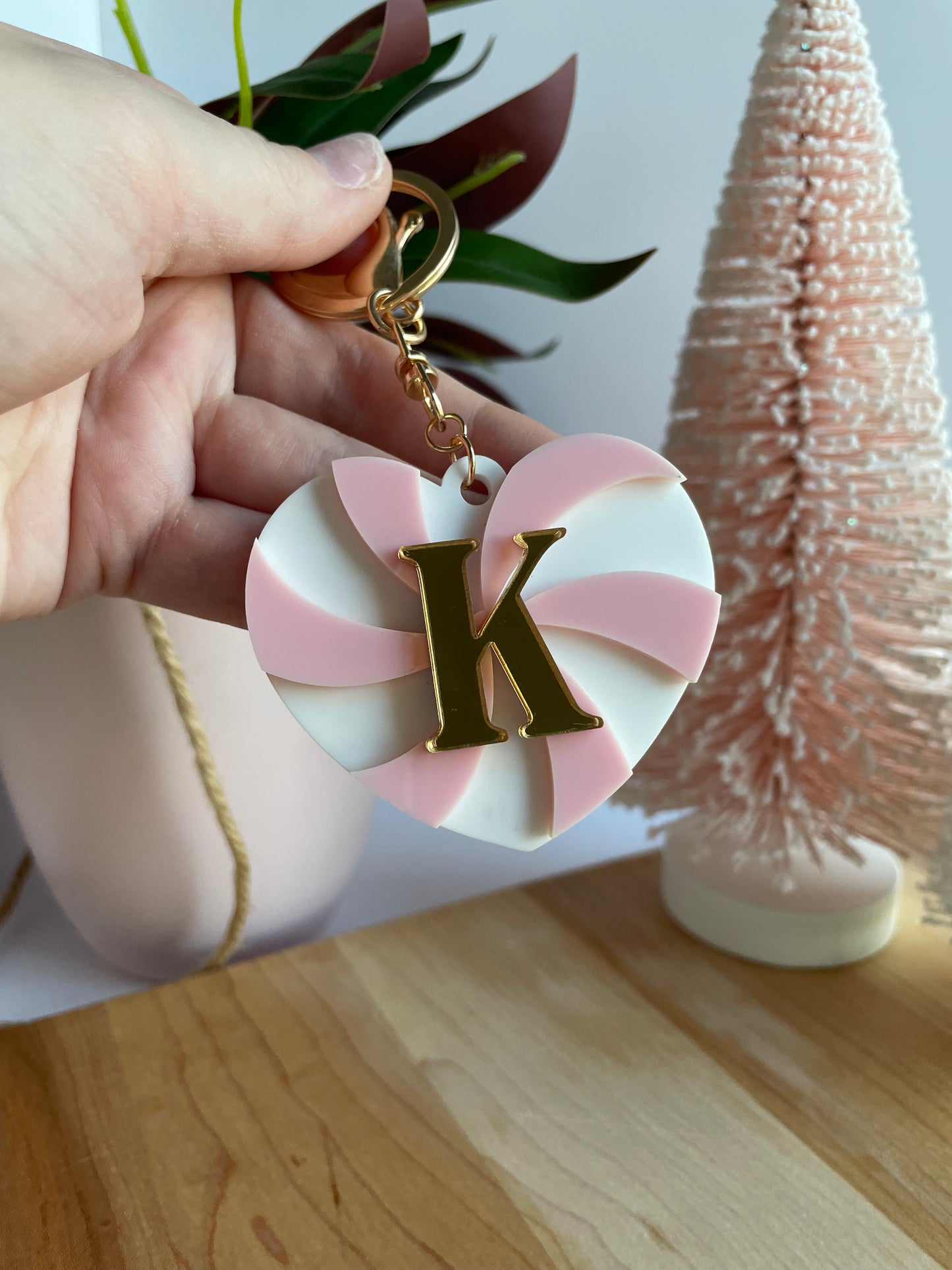 Peppermint Heart Keychain with Gold Features