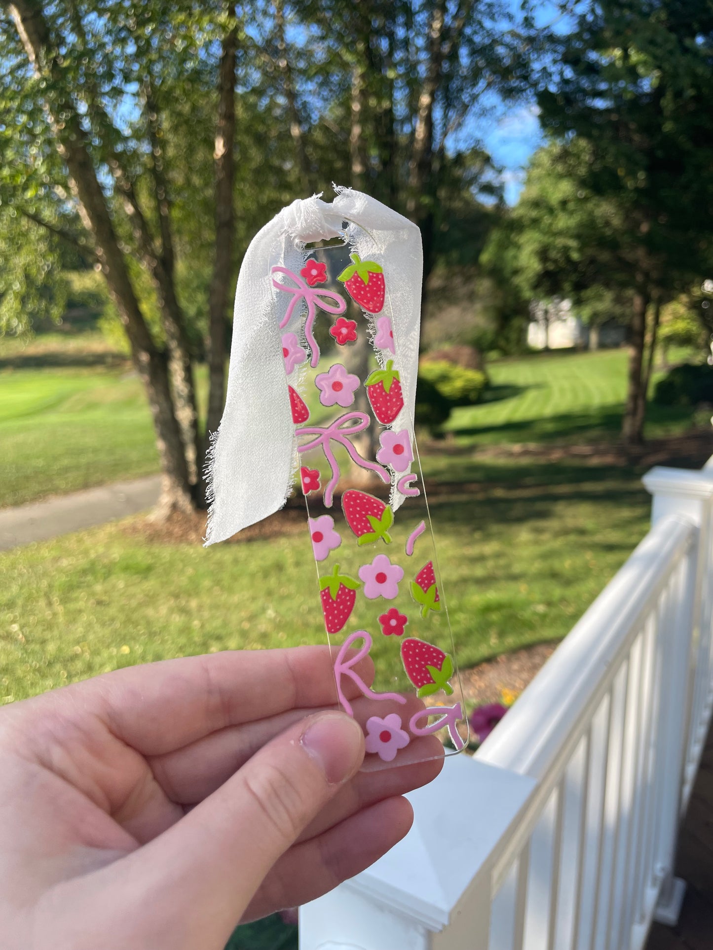 Strawberries and Pink Bows Cute Clear Acrylic Bookmark with Chiffon Ribbon