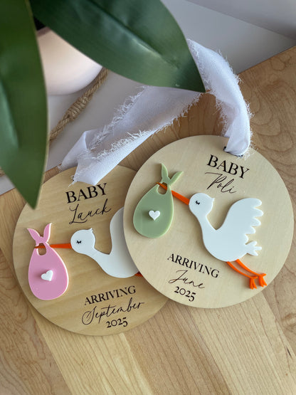 Arriving Baby Stork Wooden Gift Tag with Chiffon Ribbon
