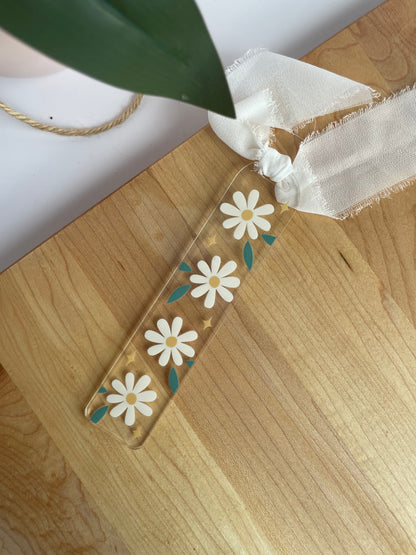 Sparkly Daises Clear Acrylic Bookmark with Chiffon Ribbon
