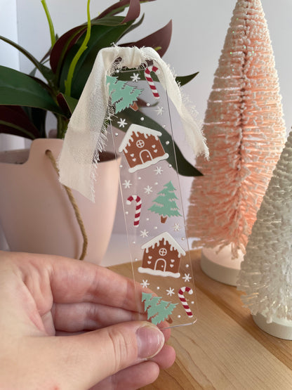 Gingerbread Houses and Snowy Trees Clear Acrylic Bookmark with Chiffon Ribbon