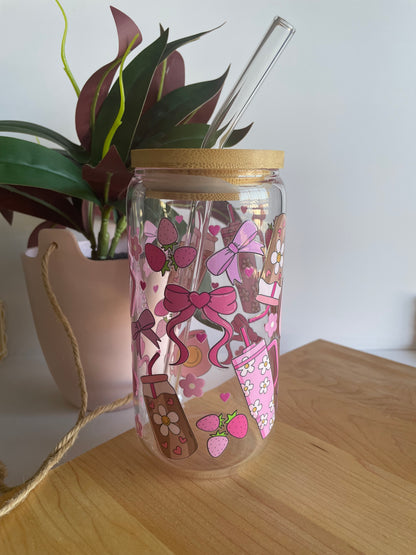 Pink Groovy Girly Glass Cup with Bamboo Lid and Glass Straw
