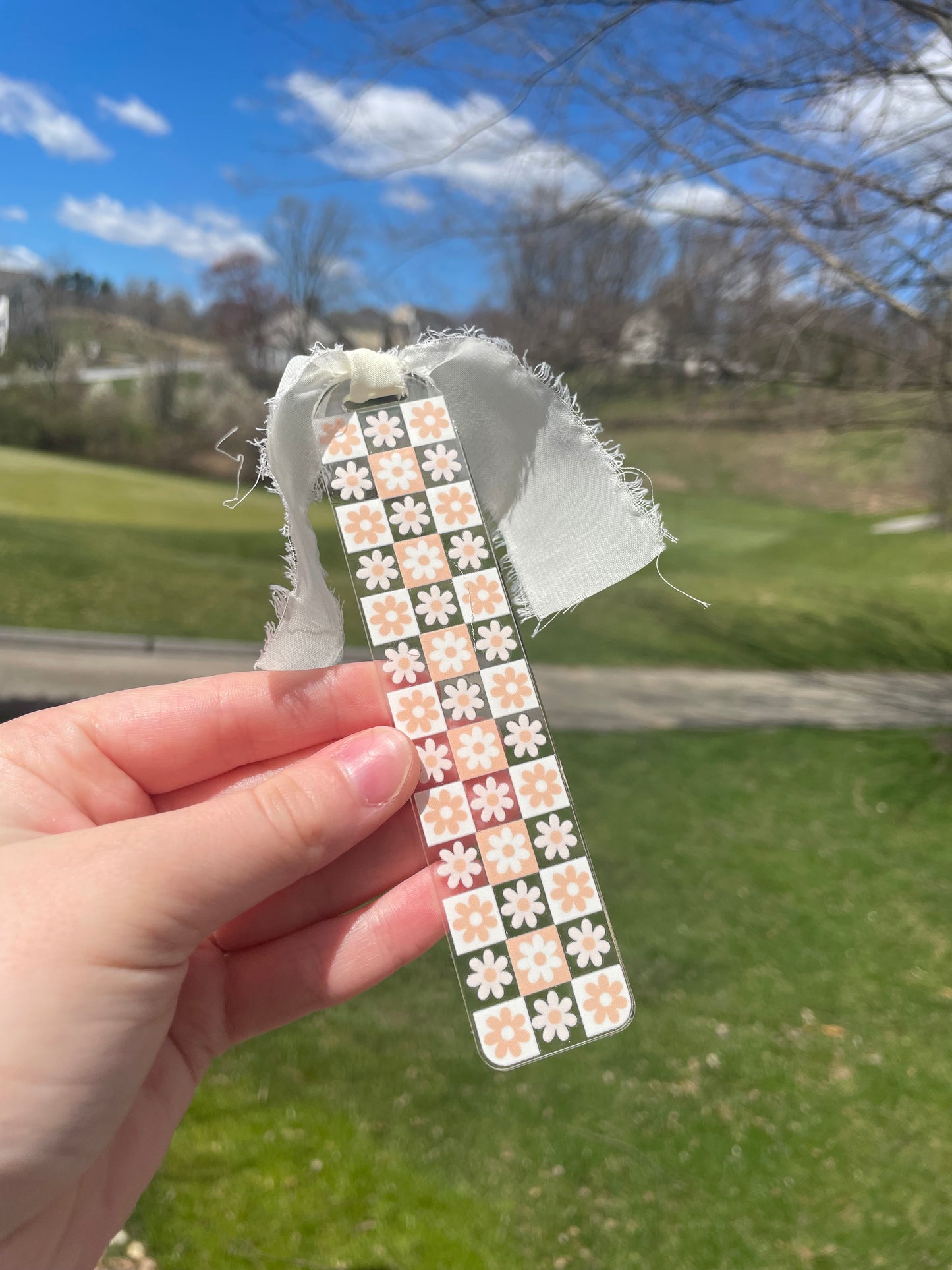 Orange and White Checkered Flowers Clear Acrylic Bookmark with Chiffon Ribbon