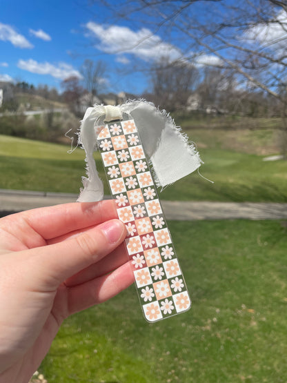 Orange and White Checkered Flowers Clear Acrylic Bookmark with Chiffon Ribbon