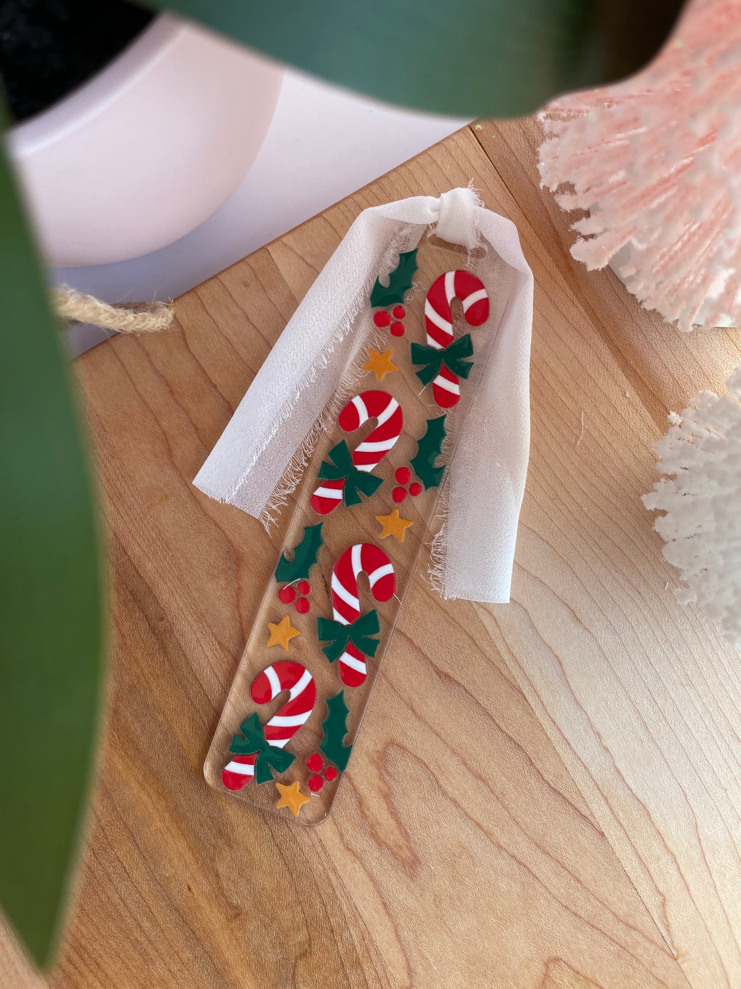 Festive Candy Canes Clear Acrylic Bookmark with Chiffon Ribbon