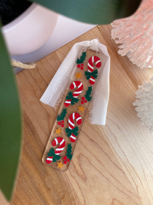 Festive Candy Canes Clear Acrylic Bookmark with Chiffon Ribbon