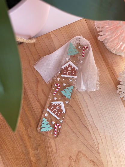 Gingerbread Houses and Snowy Trees Clear Acrylic Bookmark with Chiffon Ribbon