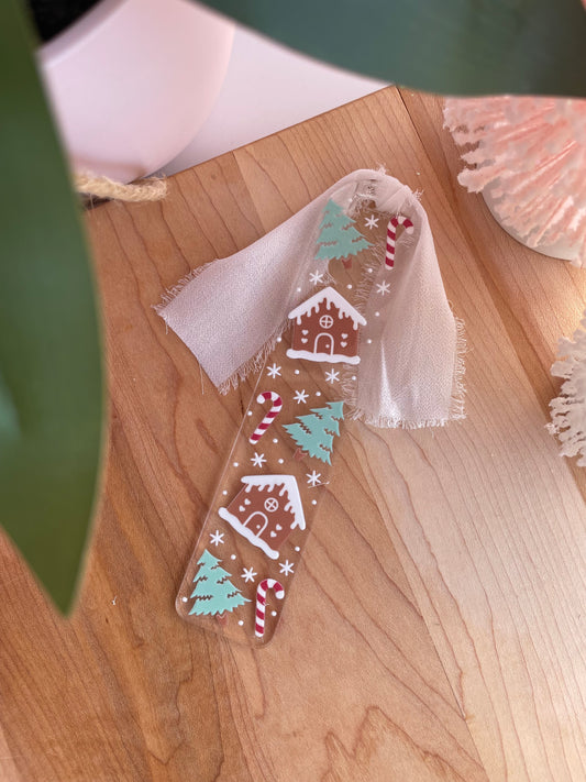 Gingerbread Houses and Snowy Trees Clear Acrylic Bookmark with Chiffon Ribbon