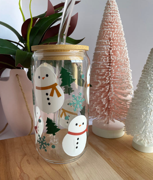 Happy Snowmen Winter Glass Cup with Bamboo Lid and Glass Straw