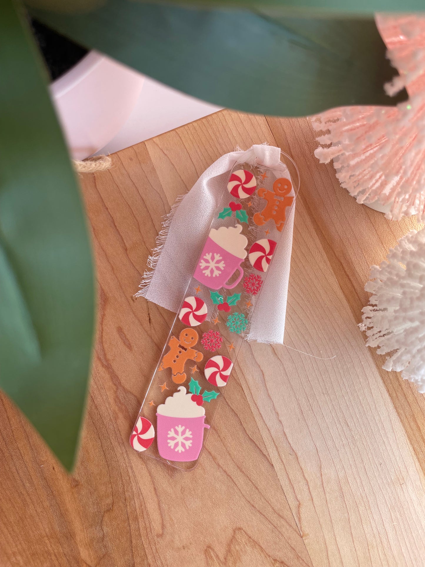 Cute Gingerbread Cookies and Hot Cocoa Clear Acrylic Bookmark with Chiffon Ribbon