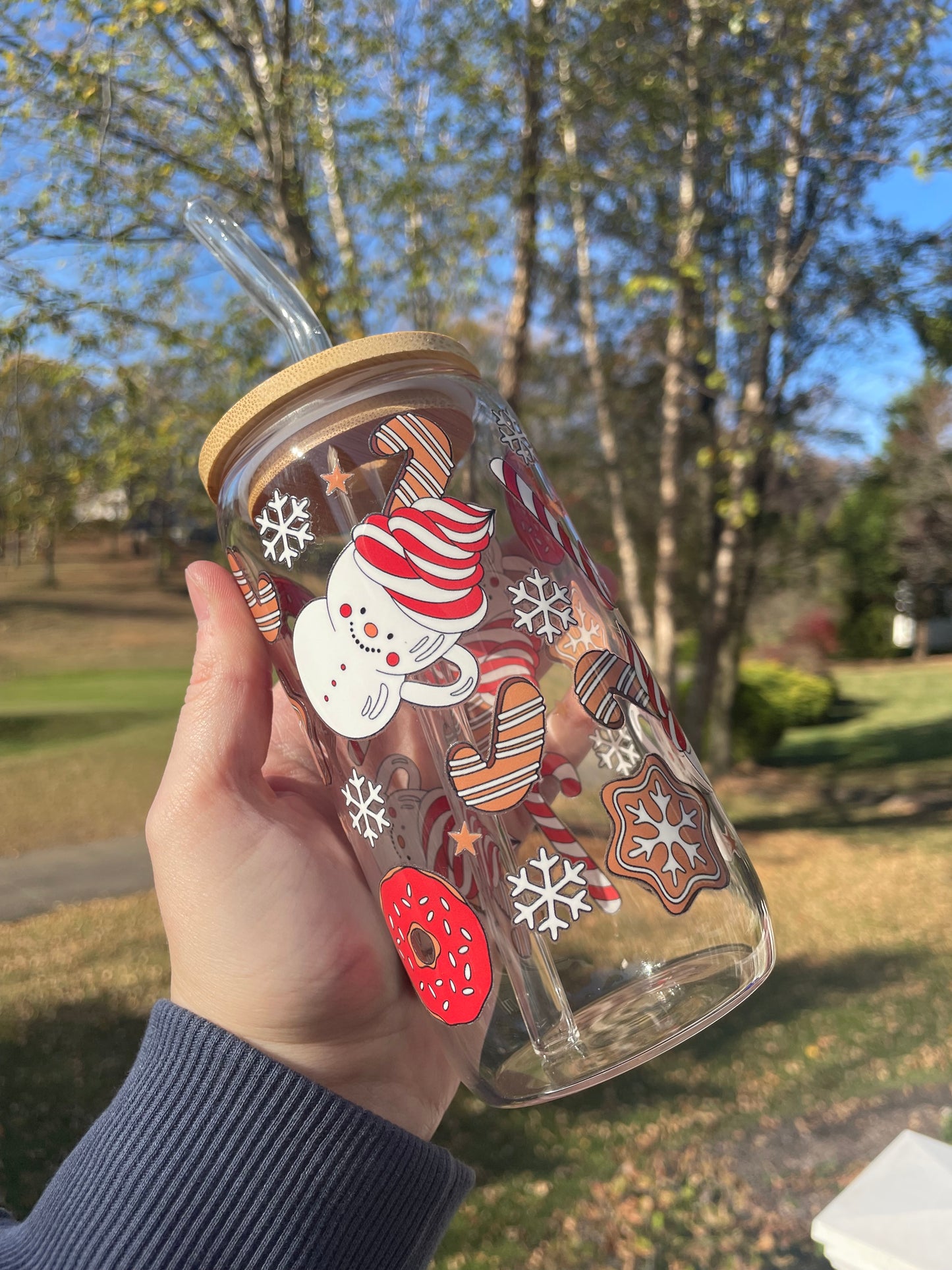 Holiday Cookies and Hot Chocolate Glass Cup with Bamboo Lid and Glass Straw