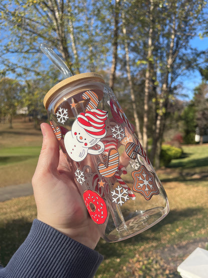 Holiday Cookies and Hot Chocolate Glass Cup with Bamboo Lid and Glass Straw