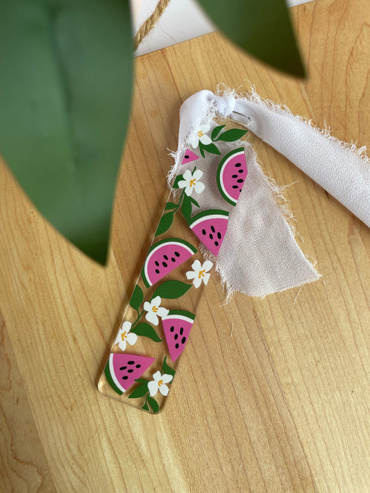 Summer Watermelons Clear Acrylic Bookmark with Chiffon Ribbon
