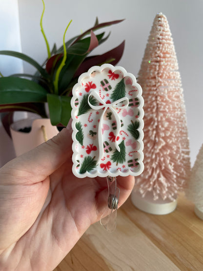 Scalloped Christmas Doodles and Bow Badge Reel