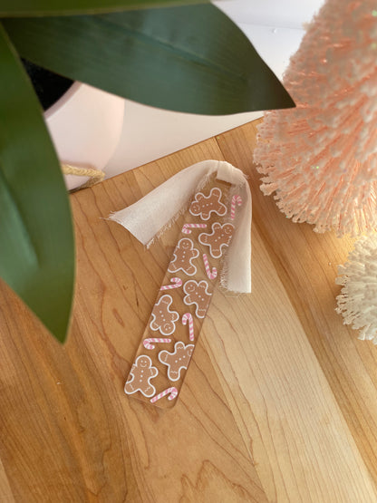 Gingerbread Cookies and Pink Candy Canes Clear Acrylic Bookmark with Chiffon Ribbon