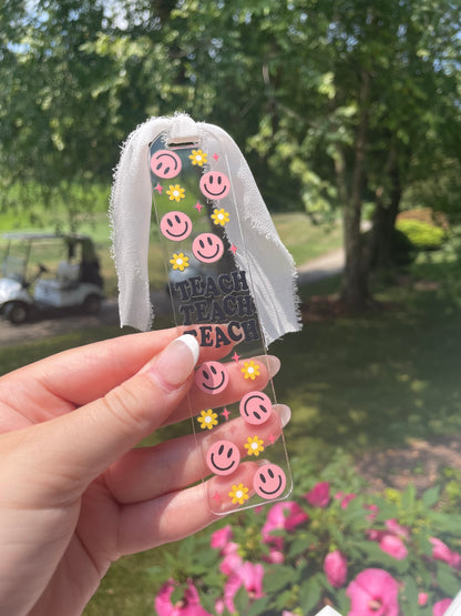 Teaching Smiley Face and Flowers Clear Acrylic Bookmark with Chiffon Ribbon
