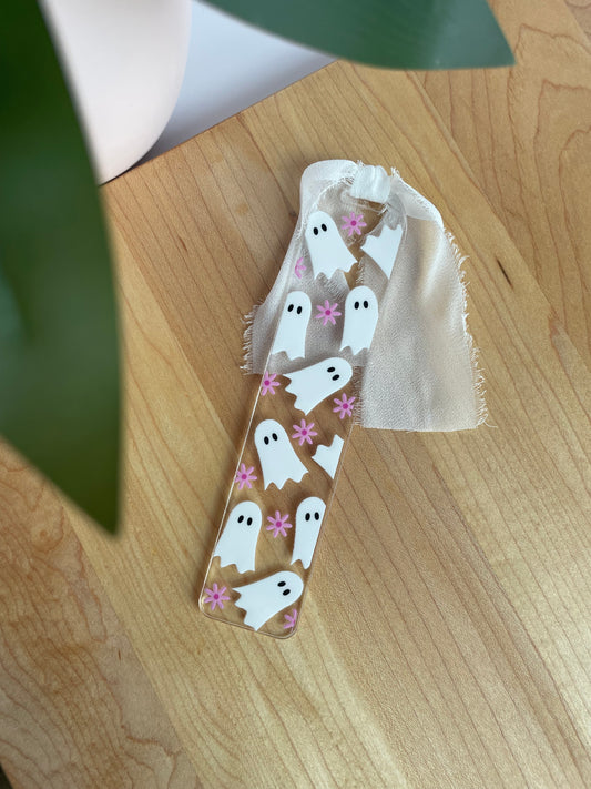 Pretty Flowers and Ghosts Clear Acrylic Bookmark with Chiffon Ribbon