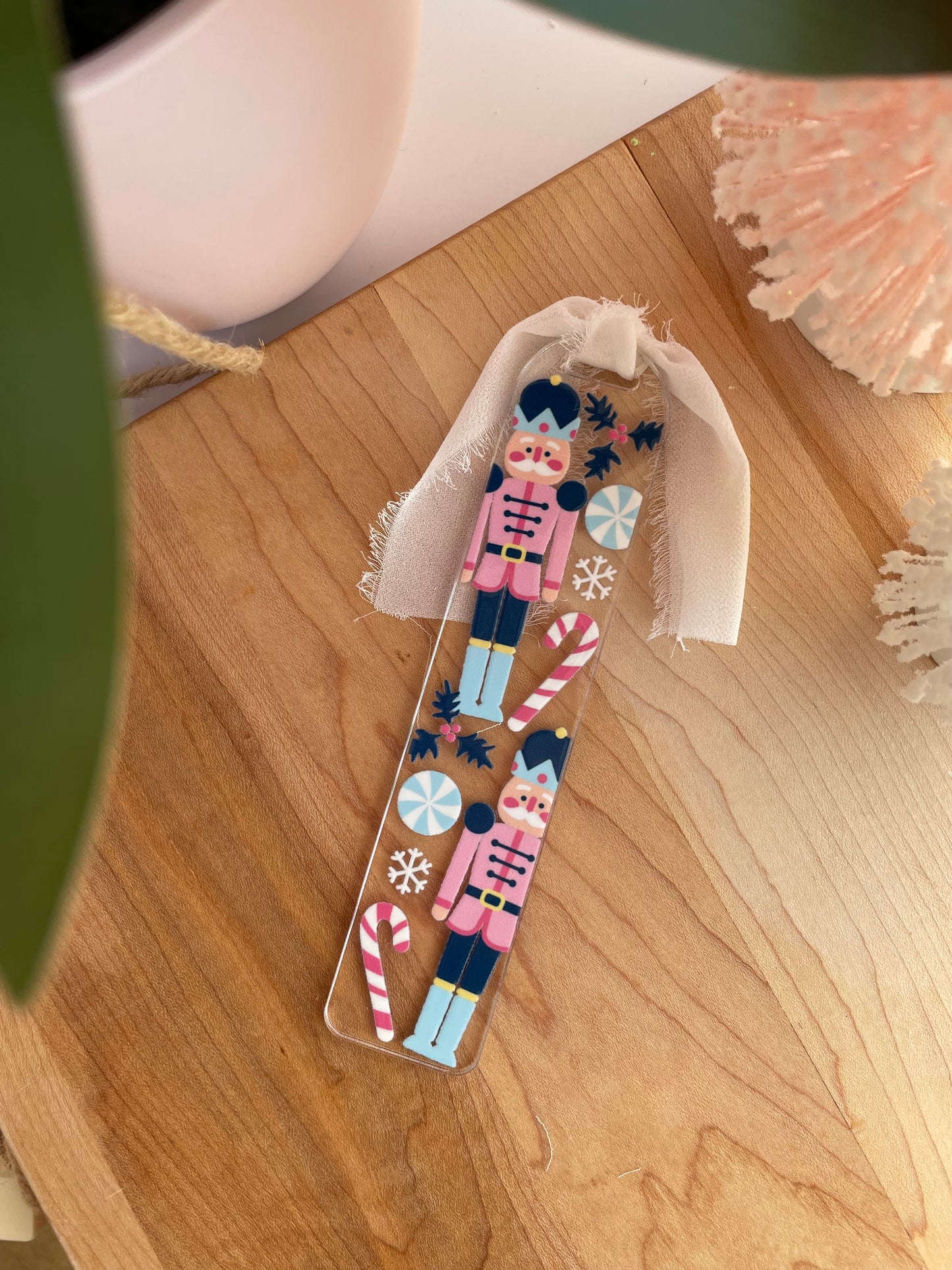 Blue Nutcrackers Holiday Clear Acrylic Bookmark with Chiffon Ribbon