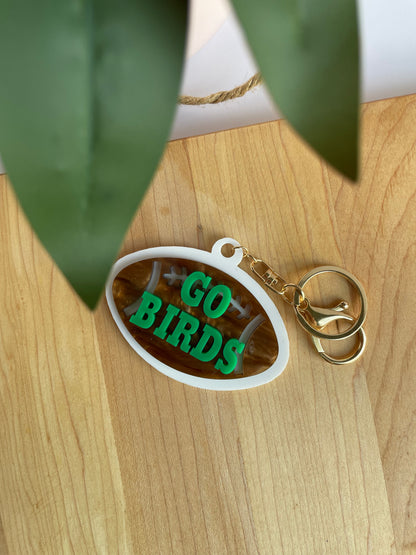 Go Birds Eagles Football Acrylic Keychain with Gold Features