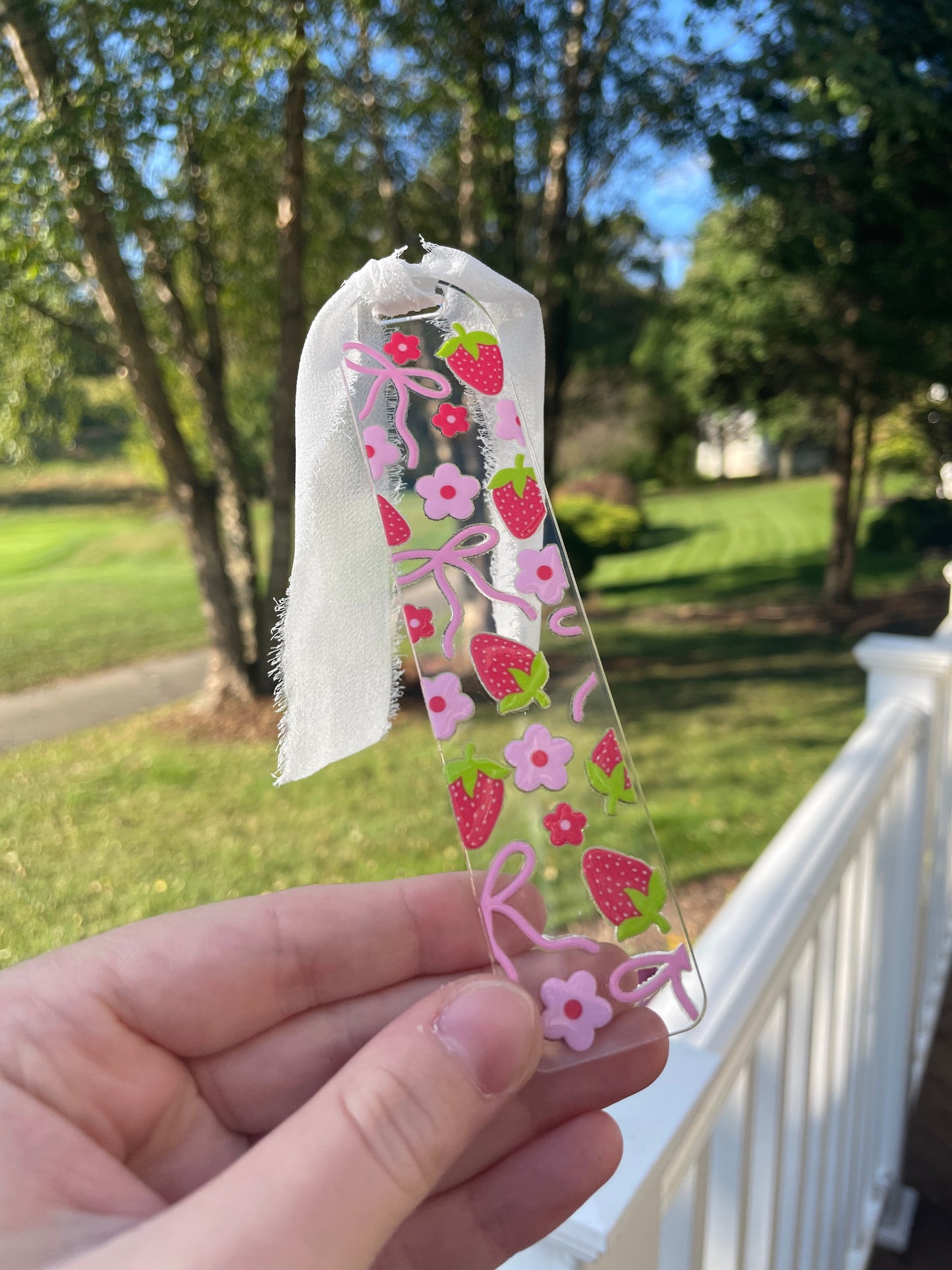 Strawberries and Pink Bows Cute Clear Acrylic Bookmark with Chiffon Ribbon
