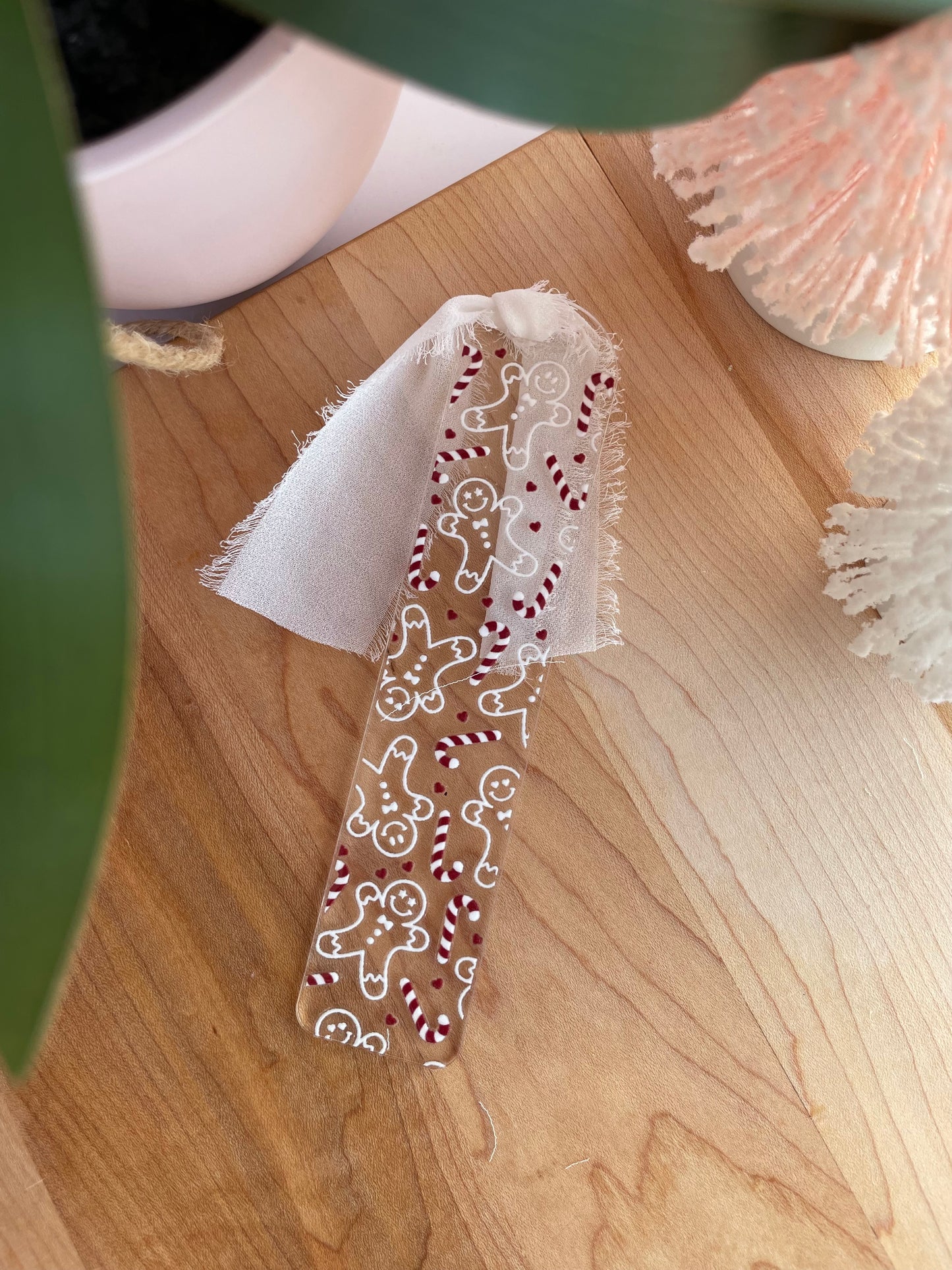 White Gingerbread Men and Candy Canes Clear Acrylic Bookmark with Chiffon Ribbon