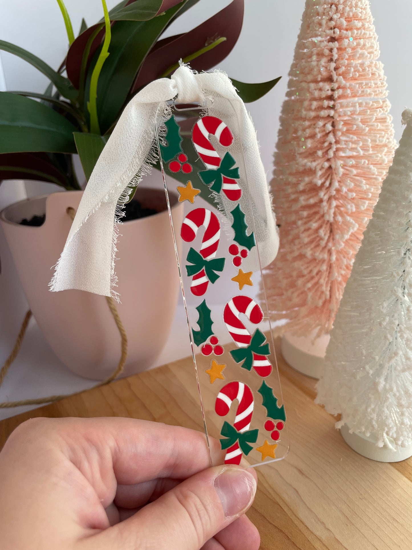 Festive Candy Canes Clear Acrylic Bookmark with Chiffon Ribbon