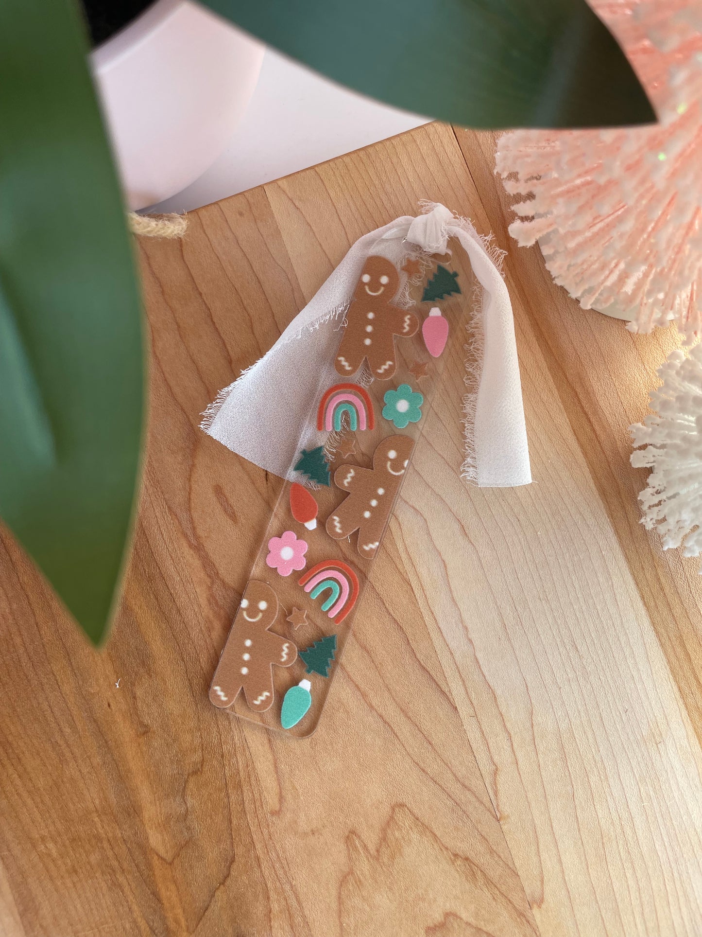 Gingerbread and Lightbulbs Clear Acrylic Bookmark with Chiffon Ribbon