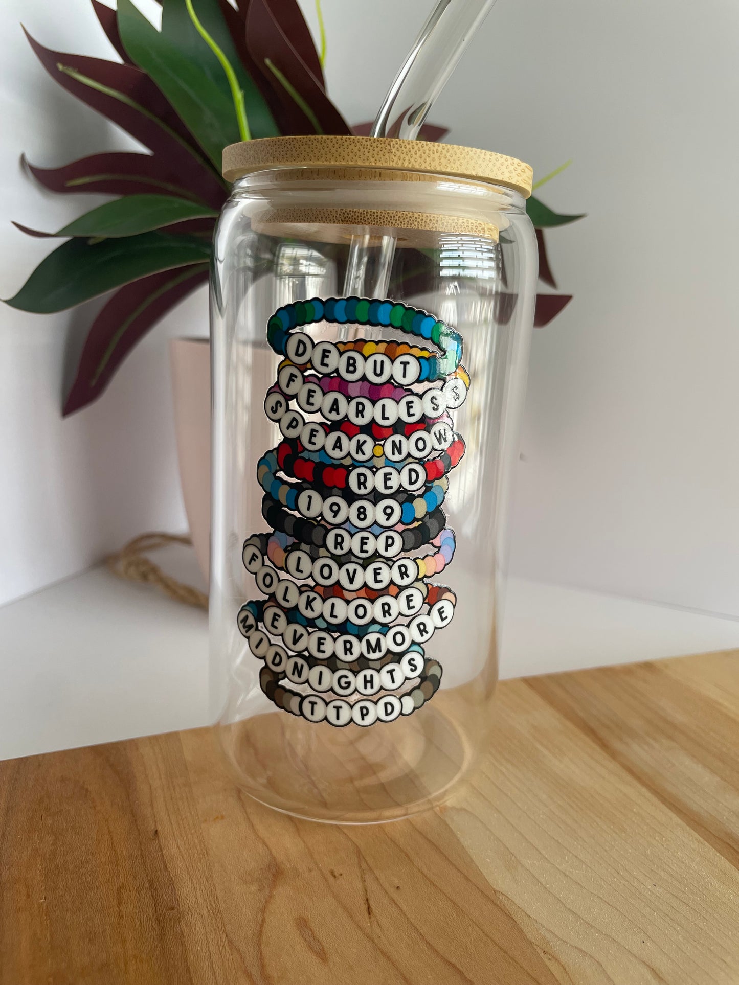 Swiftie Bracelets Glass Cup with Bamboo Lid and Glass Straw