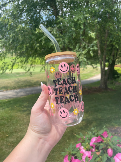 Happy Smiley Faces and Flowers Teaching Glass Cup with Bamboo Lid and Glass Straw