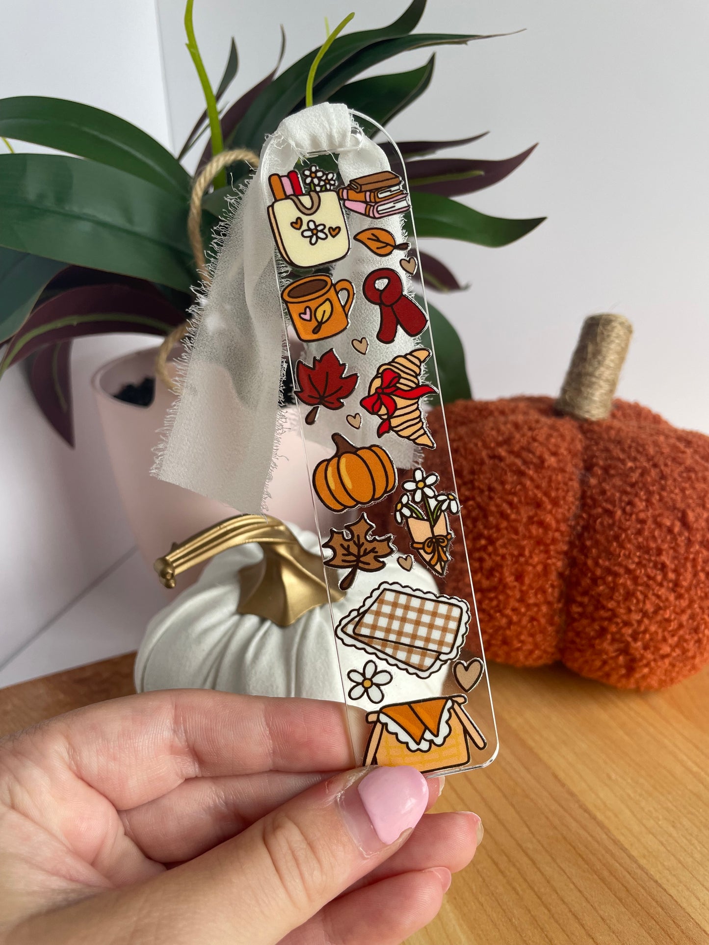Fall Picnic Clear Acrylic Bookmark with Chiffon Ribbon