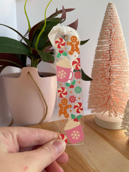 Cute Gingerbread Cookies and Hot Cocoa Clear Acrylic Bookmark with Chiffon Ribbon