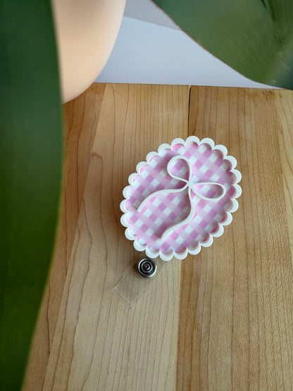Scalloped Pink Gingham Bow Acrylic Badge Reel