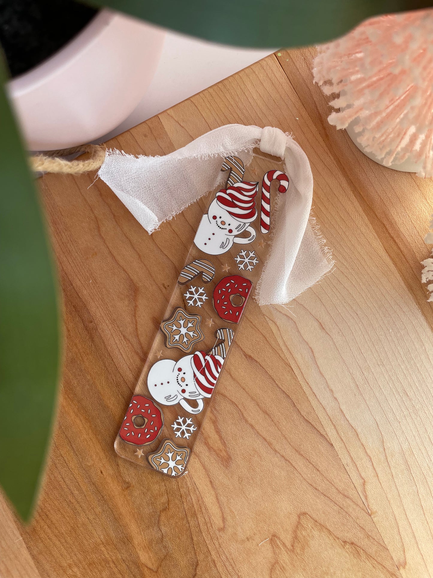 Hot Chocolate and Cookies Clear Acrylic Bookmark with Chiffon Ribbon
